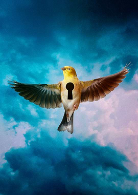 The Key to Flight: Surreal Art Depicting Yellow Bird with Keyhole Chest
