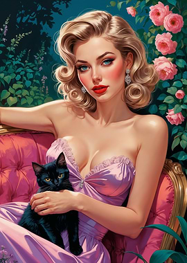 Blonde Pin-Up with Black Cat in Garden