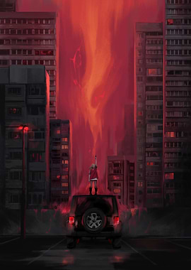 Red Cityskyline with a girl shooting a Gun