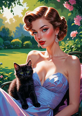 Pin-Up with Black Kitten in Garden