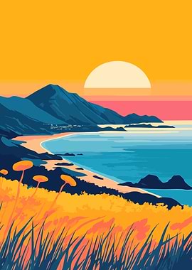 Sunset Coastline Autumn Colors Minimalist Art illustration