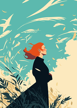 Woman in Field with Feathers Minimalist Art Illustration