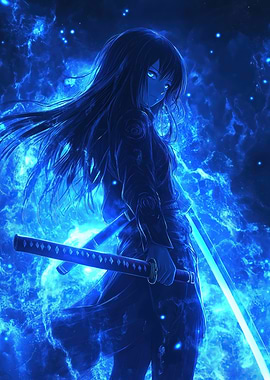Anime Girl with Blue Flames