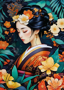 Japanese Woman in Floral Kimono
