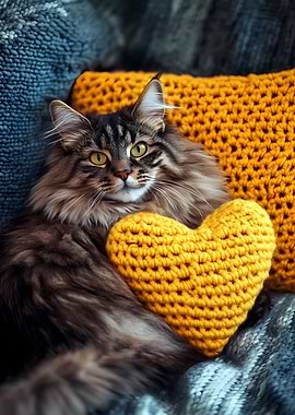 Brown Tabby Cat with Heart Pillow