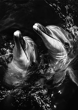 Two Dolphins in Water Black and White Photo