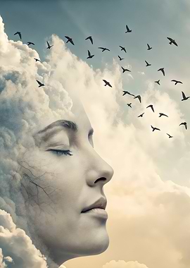 Woman and Birds in Clouds
