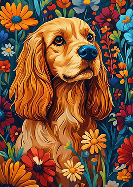 Cocker Spaniel in a Garden of Blooms | Dog Wall Art Print