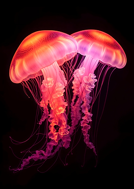 Two Jellyfish in Red and Pink