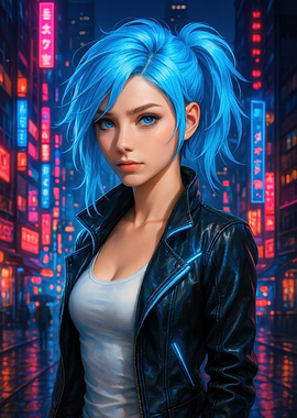 Cyberpunk Girl with Blue Hair