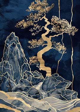 Gold & Blue Mountain Landscape