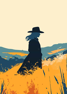 Lone Silhouette in Field Minimalist Art Illustration