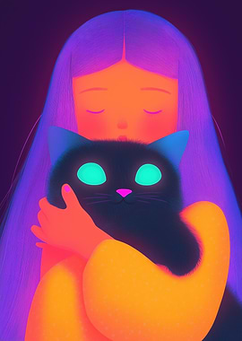 Girl Hugging Black Cat