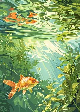 Goldfish in Lush Pond
