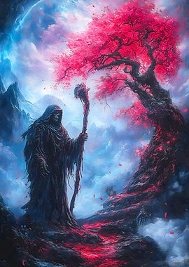 Dark Figure Under Cherry Blossom Tree