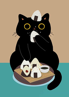Black Cat Eating Onigiri