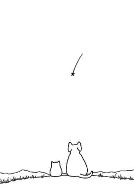 Dog and Cat Watching Shooting Star Minimalist Line Art