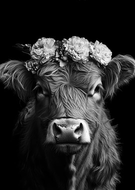 Highland Cow with Flower Crown Black and White Photo Portrait