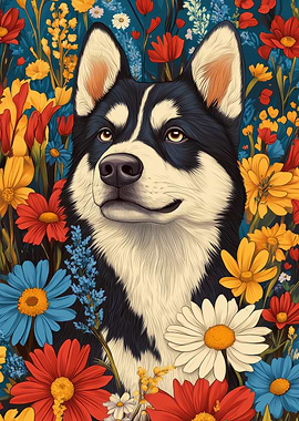 Husky in Flowers | Husky Surrounded by Summer Florals | Dog Wall Art Print