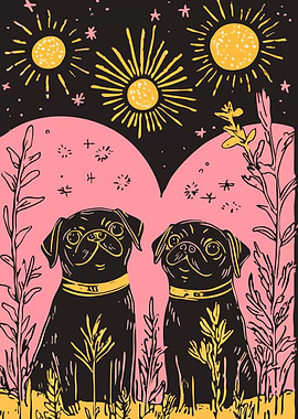 Two Cute Pugs Under Night Sky Minimalist Illustration Art