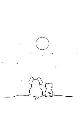 Dog and Cat Under the Moon Minimalist Line Art