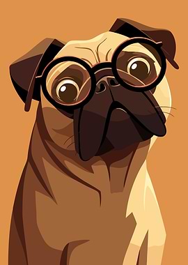 Concerned Pug in Glasses Funny Minimalist Art Illustration