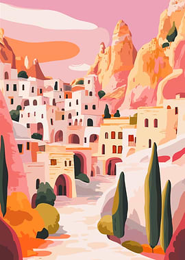 Turkish Village Landscape Minimalist Art Illustration