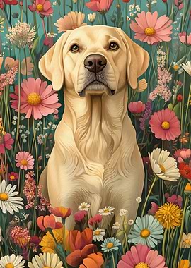 Golden Retriever in Flowers | Labrador Among Soft Florals | Dog Wall Art Print