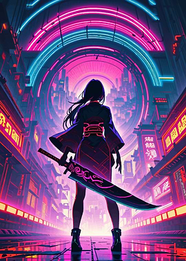 Neon Samurai Girl holding Blade in Cityscape