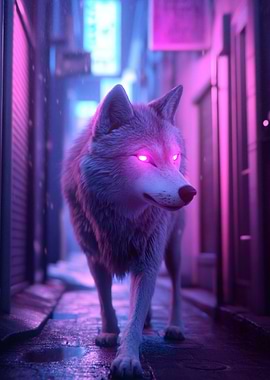 Neon Wolf in City Alley