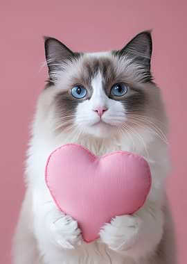 Cute White Cat Holding Heart