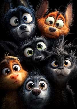 Group of cartoon dogs with surprised looks