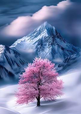 Pink Tree Mountain Landscape