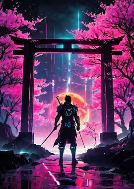 Male Futuristic Samurai with Torii Gate