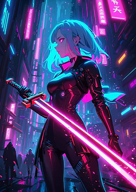 Cyberpunk Anime Girl with Neon Sword