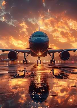 Airplane on Runway at Sunset