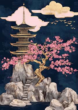 Japanese Pagoda & Cherry Blossom