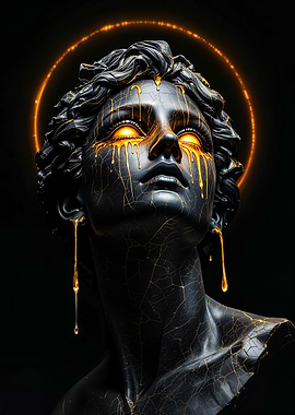 Black Sculpture with Dripping Golden Eyes and Halo
