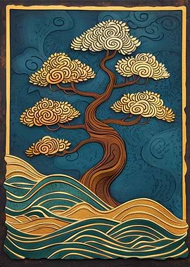 Golden Bonsai Tree & Waves