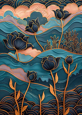 Floral Landscape with Gold Accents