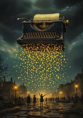 Vintage Typewriter Raining Paper Cobblestone Street