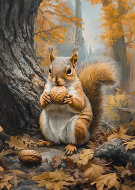 Squirrel with Nut in Autumn Forest