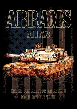Abrams M1A2 MBT. United States Third Generation Main Battle Tank with distressed American Flag in background