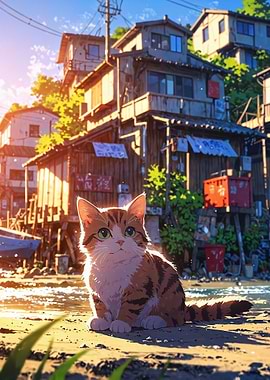 Kitten in a Japanese Village Anime Style