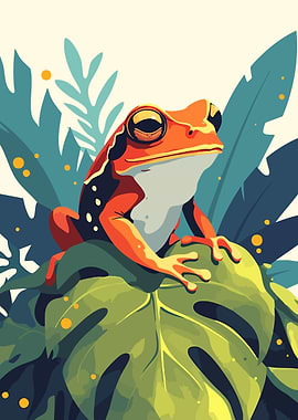 Red Tropical Frog on Leaf Minimalist Art Illustration