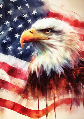 Majestic Bald Eagle and United States of America flag in watercolor. American Patriotic art.