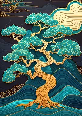 Gold & Teal Bonsai Tree