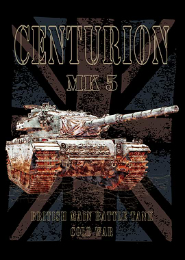 Centurion MK 5 MBT. British Main Battle Tank of the Cold War with distressed Union Jack Flag in background