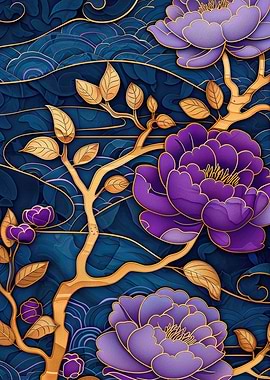 Purple Peonies on Blue