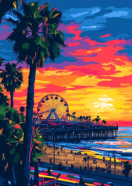 California Beach Pier Sunset Abstract Minimalist Art Illustration